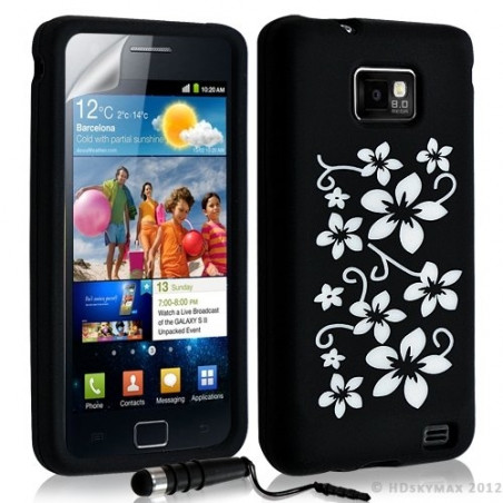 Housse étui coque en silicone pour Samsung Galaxy S2 motif fleurs couleur noir + mini stylet