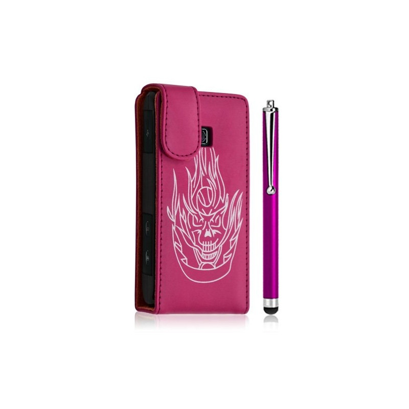 Housse coque etui pour LG Optimus GT540 couleur rose fushia motif tête de mort + Stylet luxe + Film protecteur