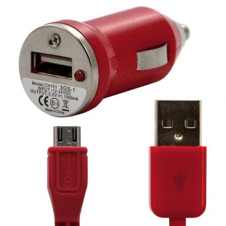 Chargeur voiture allume cigare USB + Cable data couleur rouge pour Sony Ericsson : Vivaz / Vivaz pro / Xperia PLAY / Xperia X10 
