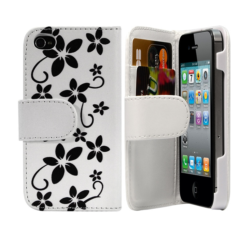 Housse Coque Etui Portefeuille pour Apple iPhone 4/4S Avec Motif Fleurs Blanc