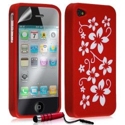 Housse étui coque silicone pour Apple Iphone 4 / 4S motif fleur couleur rouge + mini stylet + film protecteur