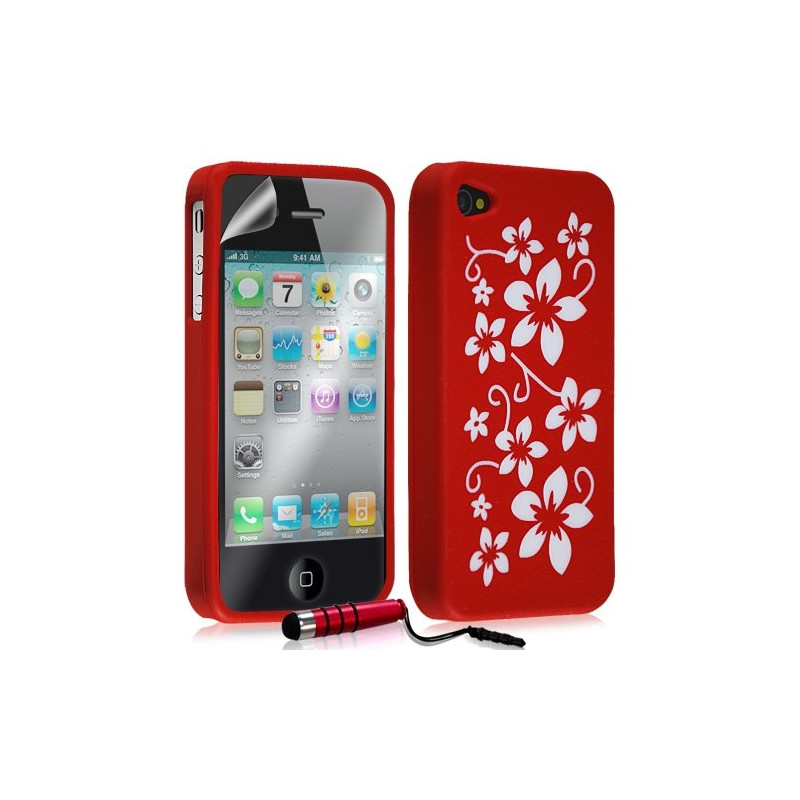 Housse étui coque silicone pour Apple Iphone 4 / 4S motif fleur couleur rouge + mini stylet + film protecteur