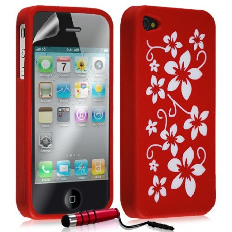 Housse étui coque silicone pour Apple Iphone 4 / 4S motif fleur couleur rouge + mini stylet + film protecteur