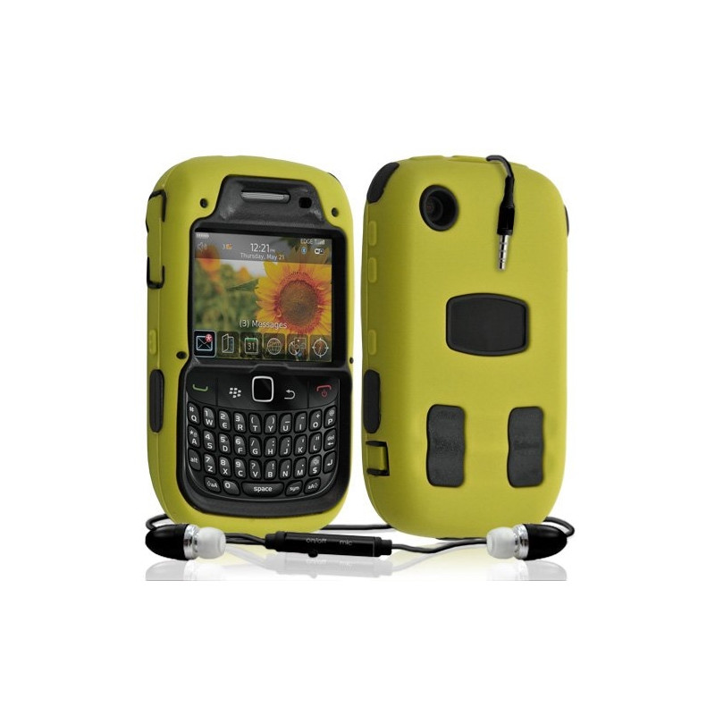 Housse étui coque rigide pour BlackBerry Curve 3G 9300 couleur jaune + Kit Piéton + Film protecteur