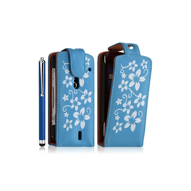 Housse étui coque pour Sony Ericsson Xperia Kyno motif fleurs couleur bleu + stylet luxe + film écran