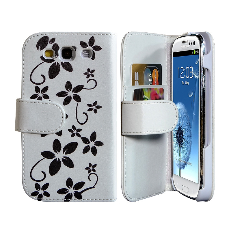 Housse Coque Etui Portefeuille pour Samsung Galaxy S3 Avec Motif Fleurs Blanc