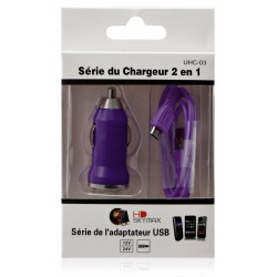 Chargeur voiture allume cigare USB + Cable data couleur violet pour Samsung : GT-B5310 Corby Pro / GT-B7510 Galaxy Pro / GT-C330