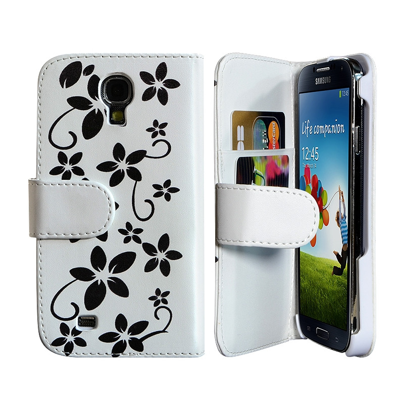 Housse Coque Etui Portefeuille pour Samsung Galaxy S4 Avec Motif Fleurs Blanc