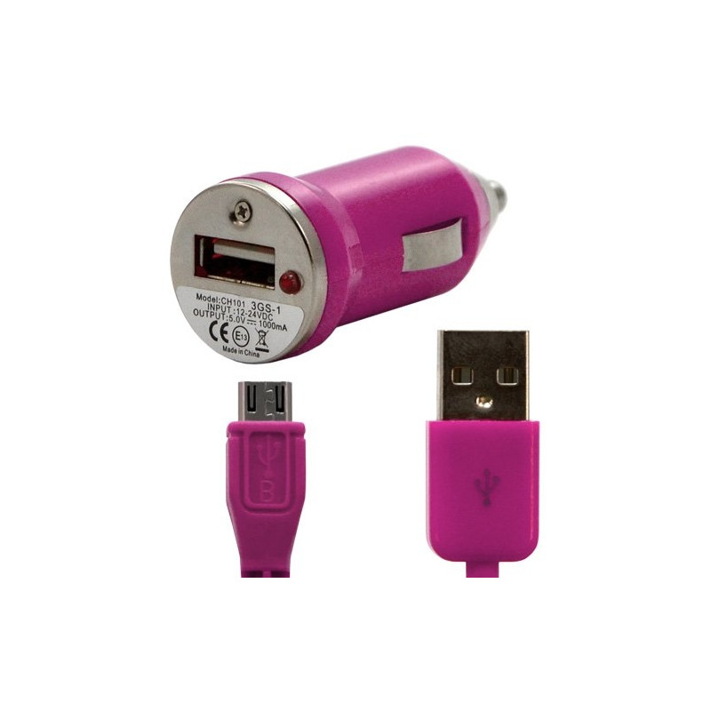 Chargeur voiture allume cigare USB + Cable data couleur rose fushia pour Motorola : Atrix / Aura / BACKFLIP / Defy / Dext / Fire