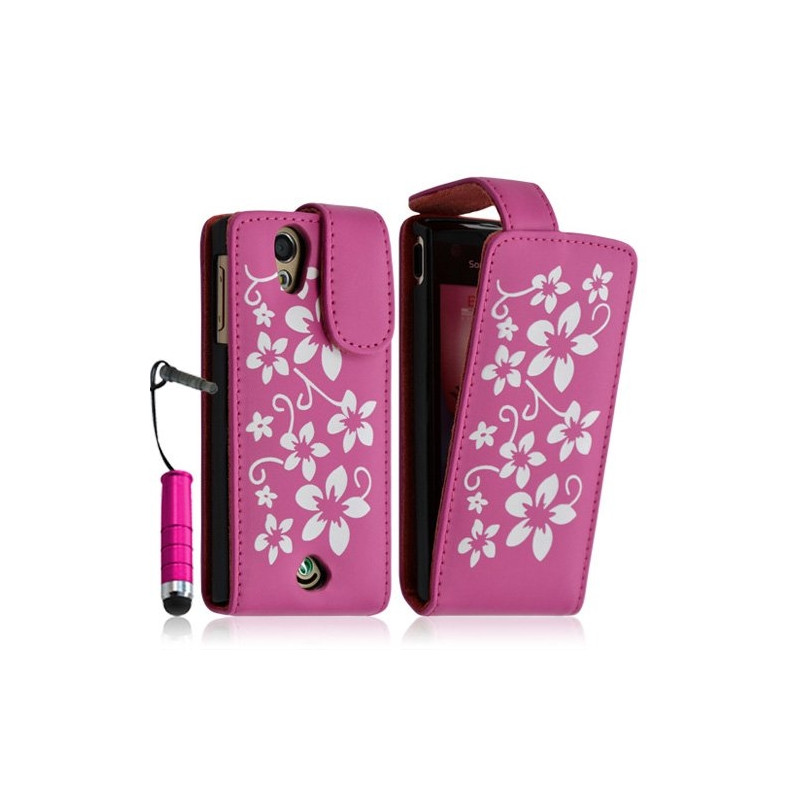 Housse étui coque pour Sony Ericsson Xperia Ray motif fleurs couleur rose fuschia + mini stylet