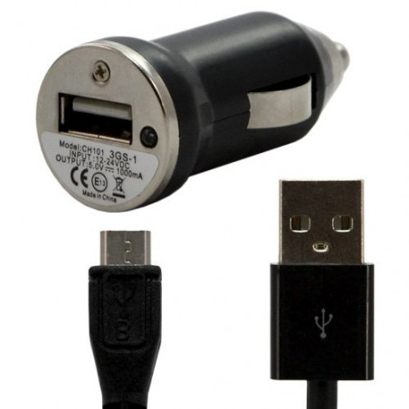 Chargeur voiture allume cigare USB avec câble data couleur noir pour HTC : Desire C / Explorer / One V / Raider 4G /