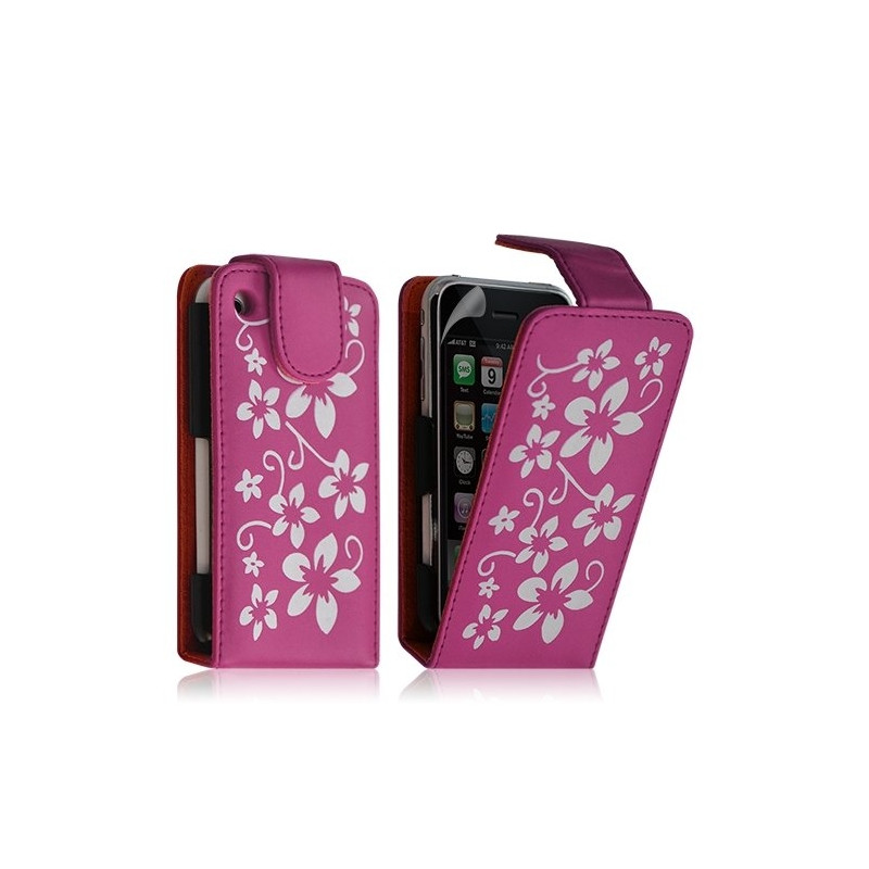 Housse étui coque pour Apple Iphone 3G 3GS rose motif fleurs + film protecteur ecran