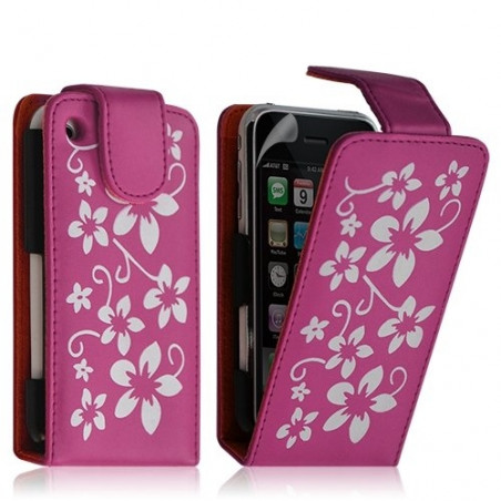 Housse étui coque pour Apple Iphone 3G 3GS rose motif fleurs + film protecteur ecran