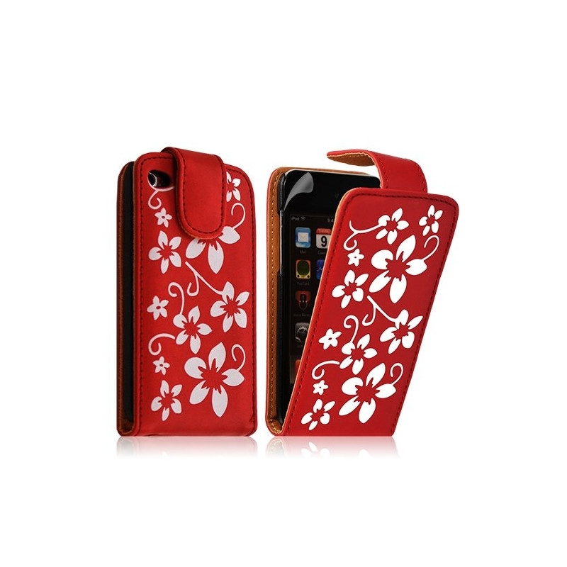 Housse coque étui pour Apple Ipod 4G couleur rouge avec motifs fleurs + film protection écran