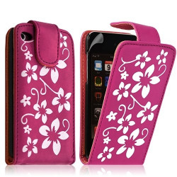 Housse coque étui pour Apple Ipod 4G couleur rose fuschia avec motifs fleurs + film protection écran