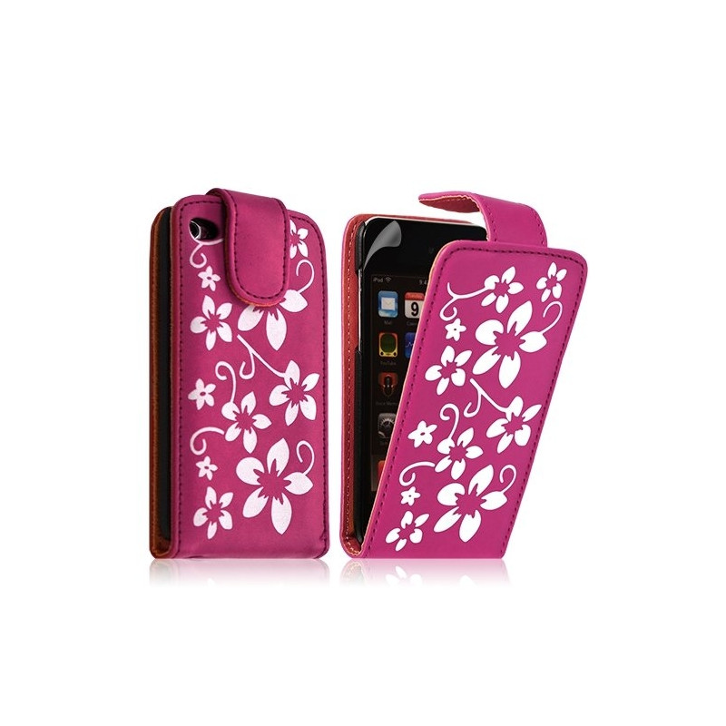 Housse coque étui pour Apple Ipod 4G couleur rose fuschia avec motifs fleurs + film protection écran