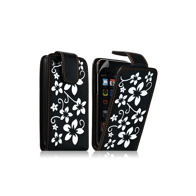 Housse coque étui pour Apple Ipod 4G couleur noir avec motifs fleurs + film protection écran