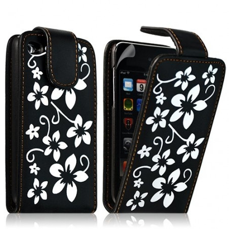 Housse coque étui pour Apple Ipod 4G couleur noir avec motifs fleurs + film protection écran