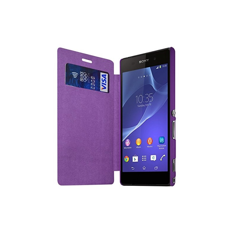 Housse Etui à rabat et porte-carte pour Sony Xperia M2 couleur Violet + Film de Protection