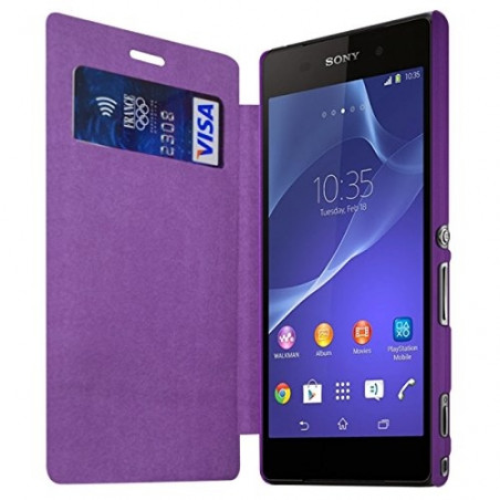 Housse Etui à rabat et porte-carte pour Sony Xperia M2 couleur Violet + Film de Protection