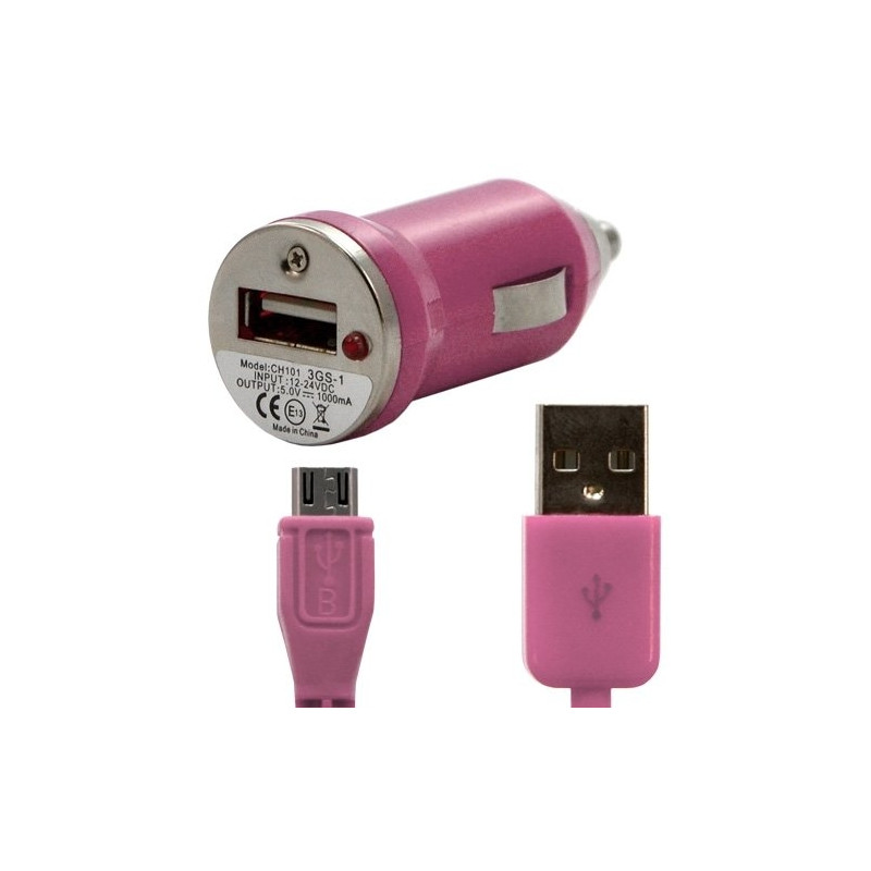 Chargeur voiture allume cigare USB avec câble data couleur rose pour HTC : Desire C / Explorer / One V / Raider 4G /