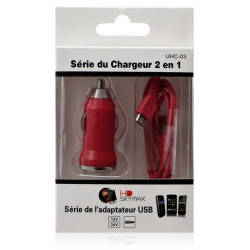 Chargeur voiture allume cigare USB avec câble data couleur rouge pour HTC : Desire C / Explorer / One V / Raider 4G /