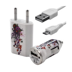 Chargeur maison + allume cigare USB + câble data pour Wiko Cink Peax 2 avec motif HF12