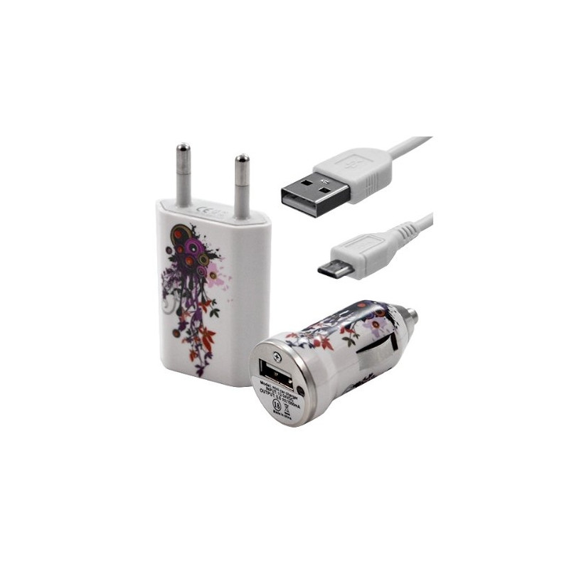 Chargeur maison + allume cigare USB + câble data pour Wiko Cink Peax 2 avec motif HF12