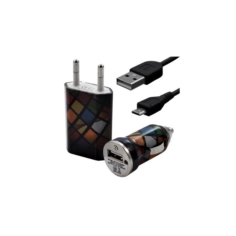 Chargeur maison + allume cigare USB + câble data pour Wiko Cink Peax 2 avec motif CV02