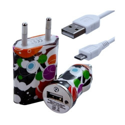 Chargeur maison + allume cigare USB + câble data pour Wiko Cink Peax 2 avec motif CV12