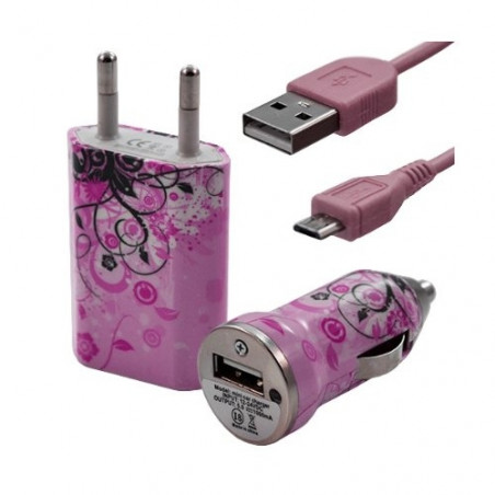 Chargeur maison + allume cigare USB + câble data pour Wiko Darkside avec motif HF17
