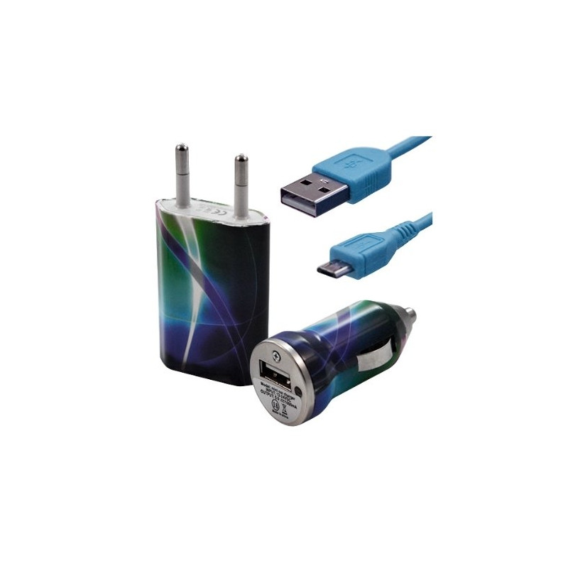 Chargeur maison + allume cigare USB + câble data pour Wiko Darkside avec motif CV03