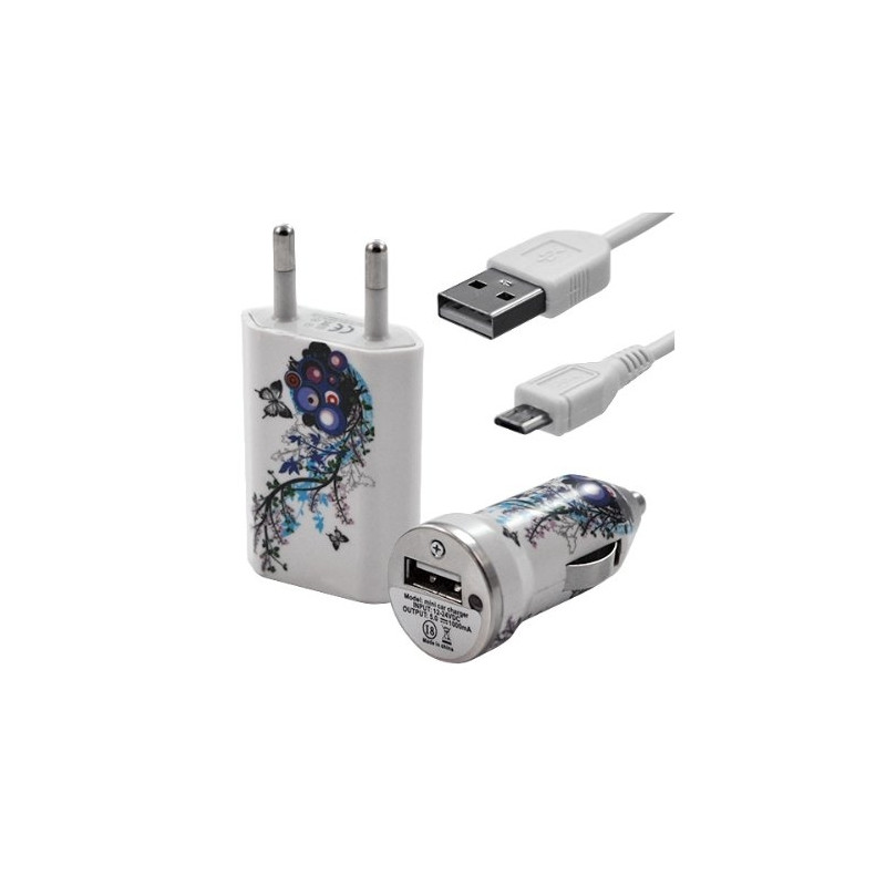 Chargeur maison + allume cigare USB + câble data pour Wiko Stairway avec motif HF01