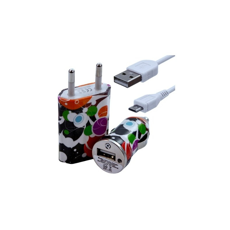 Chargeur maison + allume cigare USB + câble data pour Wiko Stairway avec motif CV12