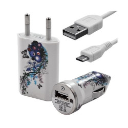 Chargeur maison + allume cigare USB + câble data pour Wiko Cink Five avec motif HF01
