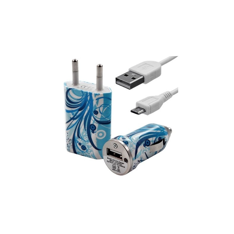 Chargeur maison + allume cigare USB + câble data pour Wiko Cink Five avec motif HF08