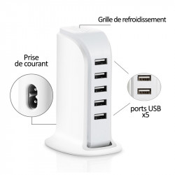Chargeur Secteur Adaptateur 5 Ports USB pour Smartphones et Tablettes