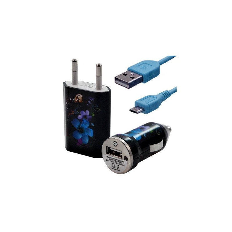 Chargeur maison + allume cigare USB + câble data pour Wiko Ozzy avec motif HF16