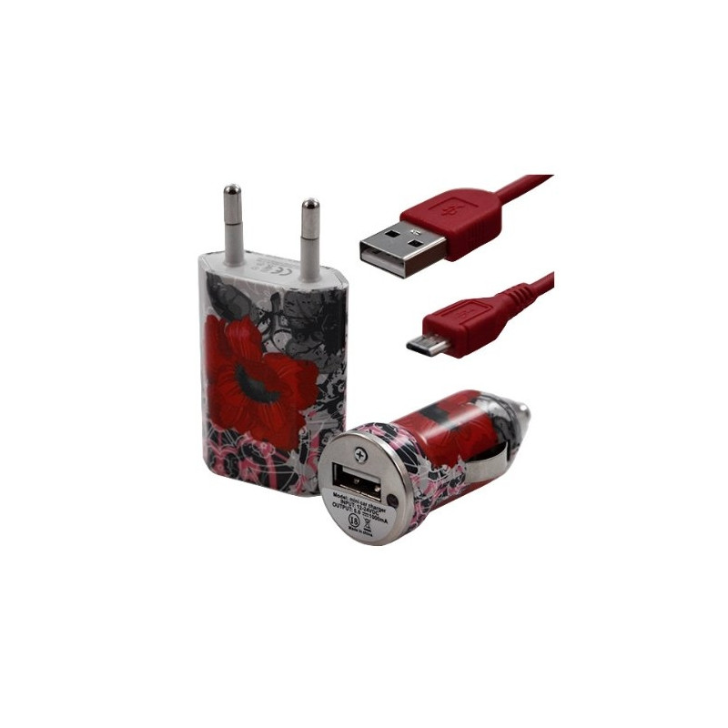 Chargeur maison + allume cigare USB + câble data pour Wiko Ozzy avec motif CV01