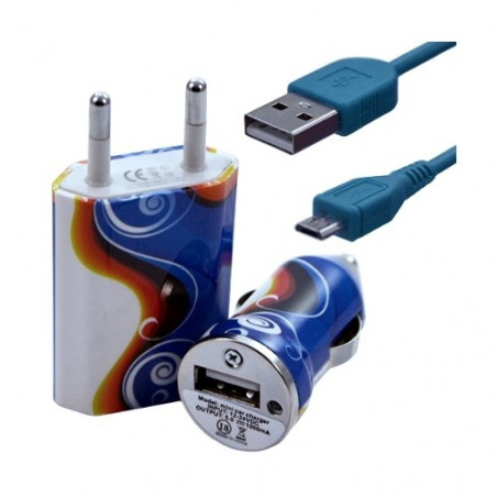 Chargeur maison + allume cigare USB + câble data pour Wiko Ozzy avec motif CV15