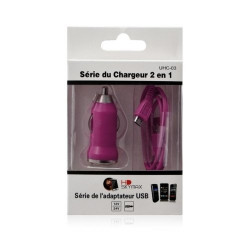 Chargeur voiture allume cigare USB avec câble data pour Wiko Cink Peax 2 Couleur Rose Fushia