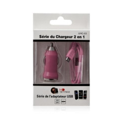 Chargeur voiture allume cigare USB avec câble data pour Wiko Cink Peax 2 Couleur Rose Pâle