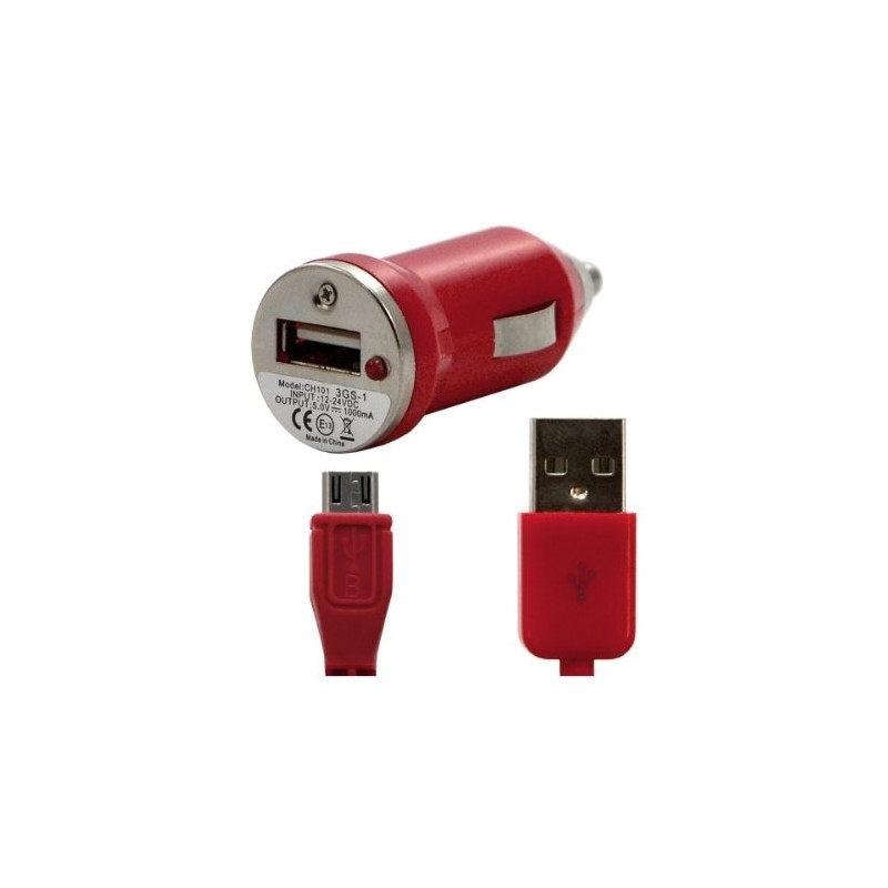 Chargeur voiture allume cigare USB avec câble data pour Wiko Cink Peax 2 Couleur Rouge