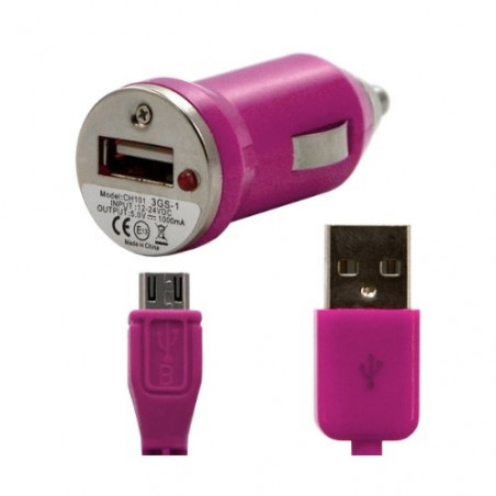 Chargeur voiture allume cigare USB avec câble data pour Wiko Darkside Couleur Rose Fushia