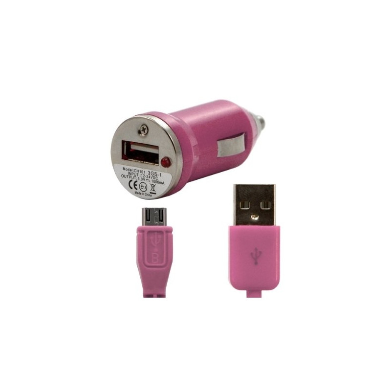 Chargeur voiture allume cigare USB avec câble data pour Wiko Darkside Couleur Rose Pâle
