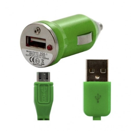 Chargeur voiture allume cigare USB avec câble data pour Wiko Cink Five Couleur Vert