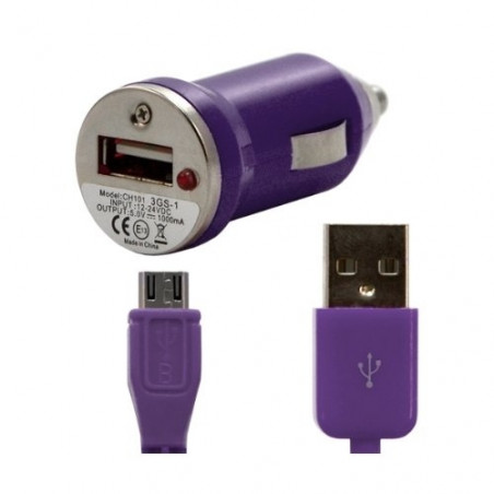 Chargeur voiture allume cigare USB avec câble data pour Wiko Cink Five Couleur Violet