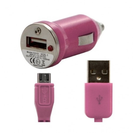 Chargeur voiture allume cigare USB avec câble data pour Wiko Iggy Couleur Rose Pâle