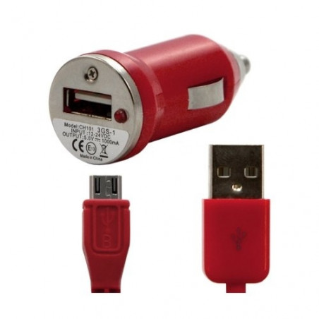Chargeur voiture allume cigare USB avec câble data pour Wiko Iggy Couleur Rouge