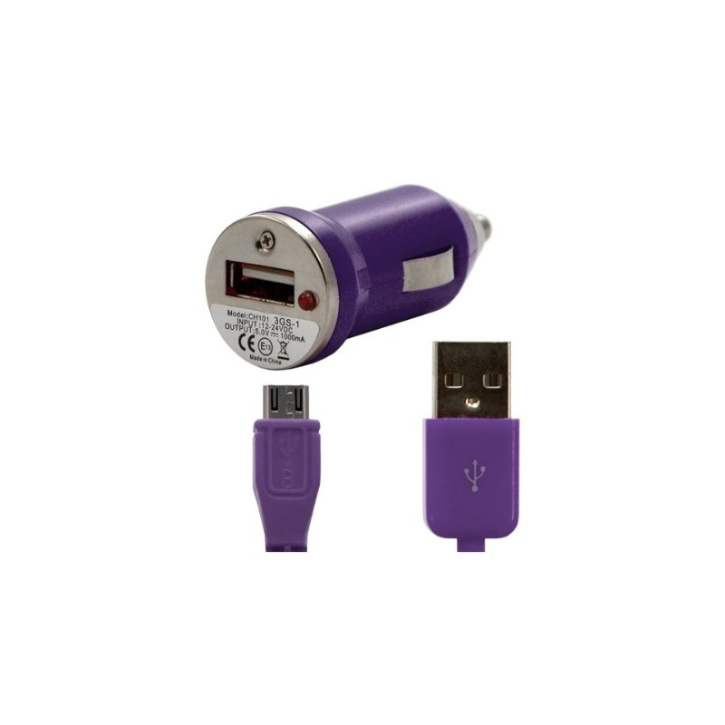 Chargeur voiture allume cigare USB avec câble data pour Wiko Iggy Couleur Violet